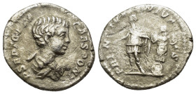 Geta (Caesar, 198-209). AR Denarius (18mm, 2.00g). Rome, 200-5. Bareheaded and draped bust r. R/ Geta standing l., holding baton and sceptre; trophy t...