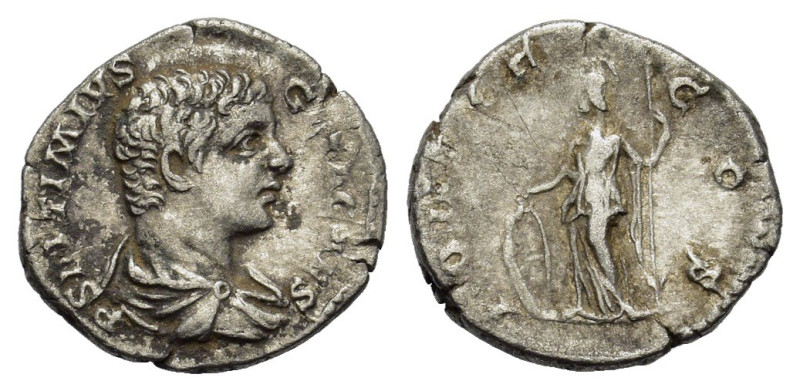 Geta (Caesar, 198-209). AR Denarius (18.5mm, 2.80g). Rome, 205-8. Bareheaded and...