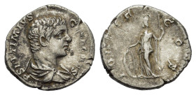 Geta (Caesar, 198-209). AR Denarius (18.5mm, 2.80g). Rome, 205-8. Bareheaded and draped bust r. R/ Minerva standing l., holding shield set on ground a...