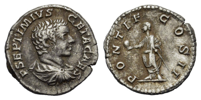 Geta (Caesar, 198-209). AR Denarius (19mm, 3.00g). Rome, AD 209. Bareheaded, dra...