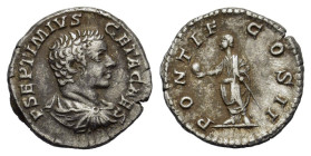 Geta (Caesar, 198-209). AR Denarius (19mm, 3.00g). Rome, AD 209. Bareheaded, draped and cuirassed bust r. R/ Geta standing l., holding globe and scept...