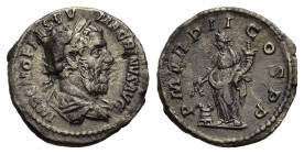 Macrinus (217-218). AR Denarius (19mm, 2.10g). Rome, AD 218. Laureate and draped bust r., seen from behind. R/ Annona standing l., holding cornucopia ...