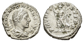 Elagabalus (218-222). AR Denarius (18mm, 3.34g). Rome, AD 219. Laureate and draped bust r. R/ Pax advancing l., holding branch and sceptre. RIC IV 21;...