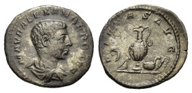 Severus Alexander (Caesar, 222). AR Denarius (20mm, 2.80g). Rome. Bare-headed and draped bust r. R/ Priestly emblems: lituus, secespita, capis, simpul...