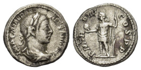 Severus Alexander (222-235). AR Denarius (19mm, 3.40g). Rome, 225. Laureate and draped bust r. R/ Severus Alexander standing l., holding globe and rev...