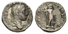 Severus Alexander (222-235). AR Denarius (17.5mm, 2.50g). Rome, AD 229. Laureate head r. R/ Mars standing r., holding reversed spear and shield set on...