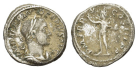 Severus Alexander (222-235). AR Denarius (19mm, 4.00g). Rome, AD 231. Laureate, draped and cuirassed bust r. R/ Sol standing l., raising hand and hold...