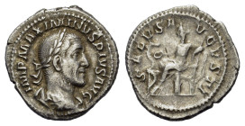 Maximinus I (235-238). AR Denarius (20mm, 2.80g). Rome, AD 236. Laureate, draped and cuirassed bust r. R/ Salus seated l., feeding from patera a serpe...
