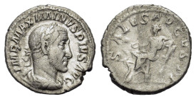Maximinus I (235-238). AR Denarius (19mm, 2.60g). Rome, AD 236. Laureate, draped and cuirassed bust r. R/ Salus seated l., feeding from patera a serpe...