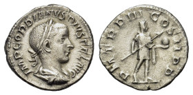 Gordian III (238-244). AR Denarius (19mm, 2.70g). Rome, AD 240. Laureate, draped and cuirassed bust r. R/ Gordian standing r., holding globe and spear...