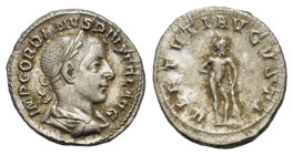 Gordian III (238-244). AR Denarius (20mm, 3.30g). Rome, 240-3. Laureate, draped and cuirassed bust r. R/ The “Farnese Hercules”: Hercules standing r.,...