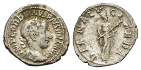 Gordian III (238-244). AR Denarius (19.5mm, 2.30g). Rome, AD 240. Laureate, draped and cuirassed bust r. R/ Diana Lucifera standing r., holding long t...