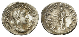 Gordian III (238-244). AR Denarius (20mm, 2.60g). Rome, AD 241. Laureate, draped and cuirassed bust r. R/ Pietas standing facing, veiled head l., both...