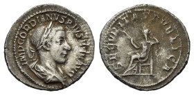 Gordian III (238-244). AR Denarius (21mm, 3.10g). Rome, AD 241. Laureate, draped and cuirassed bust r. R/ Securitas seated l. on throne, holding scept...