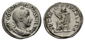 Gordian III (238-244). AR Denarius (20mm, 2.00g). Rome, AD 241. Laureate, draped and cuirassed bust r. R/ Securitas seated l. on throne, holding scept...