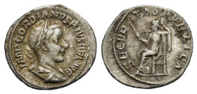 Gordian III (238-244). AR Denarius (20mm, 2.80g). Rome, AD 241. Laureate, draped and cuirassed bust r. R/ Securitas seated l. on throne, holding scept...
