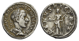 Gordian III (238-244). AR Denarius (19mm, 2.80g). Rome, AD 240. Laureate, draped and cuirassed bust r. R/ Venus standing l., holding helmet and sceptr...
