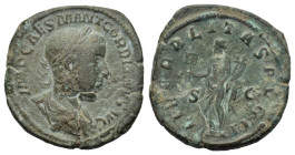 Gordian III (238-244). Æ Sestertius (31mm, 19.75g). Rome, AD 239. Laureate, draped and cuirassed bust r. R/ Liberalitas standing l., holding abacus an...