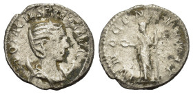 Otacilia Severa (Augusta, 244-249). AR Antoninianus (22mm, 3.50g). Antioch, 246-248. Draped bust r., wearing stephane, set on crescent. R/ Juno, veile...