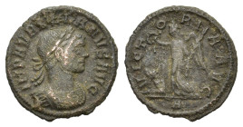 Aurelian (270-275). Æ Denarius (19mm, 2.00g). Rome, AD 275. Laureate, draped and cuirassed bust r. R/ Victory advancing l., holding palm and wreath; b...