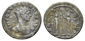 Aurelian (270-275). Radiate (22mm, 3.30g). Ticinum, AD 274. Radiate and cuirassed bust r. R/ Fides standing r., holding two signa, facing Sol standing...