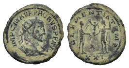 Probus (276-282). Radiate (21mm, 3.90g). Antioch, AD 280. Radiate, draped and cuirassed bust r. R/ Emperor standing r., holding sceptre, receiving Vic...
