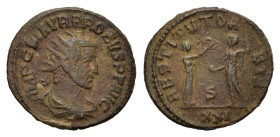 Probus (276-282). Radiate (22mm, 3.24g). Antioch. Radiate, draped and cuirassed bust r. R/ Female standing r., presenting wreath to emperor standing l...