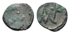 Anastasius I (491-518). Æ Nummus (8mm, 0.50g, 6h). Constantinople, 491-498. Diademed, draped and cuirassed bust r. R/ Monogram of Anastasius. MIBE 40;...