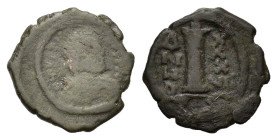 Justinian I (527-565). Æ 10 Nummi (18mm, 2.60g). Constantinople(?), year 37. Pearl-diademed, draped and cuirassed bust r. R/ Large I; cross above, dat...