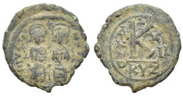 Justin II and Sophia (565-578). Æ 20 Nummi (23mm, 5.70g). Cyzicus, year 13(?). Justin and Sophia, both nimbate, enthroned facing; Justin holding globu...
