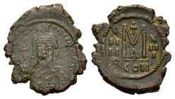 Maurice Tiberius (582-602). Æ 40 Nummi (28mm, 11.20g). Constantinople, year 2(583/4). Helmeted and cuirassed bust facing, holding globus cruciger. R/ ...