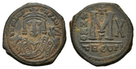 Maurice Tiberius (582-602). Æ 40 Nummi (28mm, 10.20g). Antioch, year 10 (591/2). Facing bust, holding mappa and sceptre. R/ Large M; date across field...
