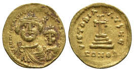 Heraclius and Heraclius Constantine (610-641). AV Solidus (20mm, 4.24g, 6h). Constantinople, 613-616. Crowned and draped busts of Heraclius and Heracl...