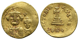 Heraclius and Heraclius Constantine (610-641). AV Solidus (20mm, 4.46g, 7h). Constantinople, 613-616. Crowned and draped busts of Heraclius and Heracl...
