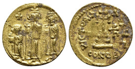 Heraclius (610-641). AV Solidus (20mm, 4.47g, 6h). Constantinople, 638/9-641. Heraclonas, Heraclius and Heraclius Constantine standing facing, each ho...
