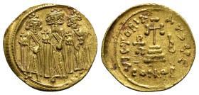 Heraclius (610-641). AV Solidus (20mm, 4.38g, 6h). Constantinople, 638/9-641. Heraclonas, Heraclius and Heraclius Constantine standing facing, each ho...