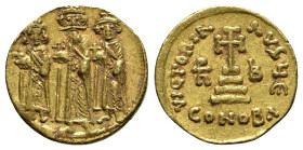 Heraclius (610-641). AV Solidus (18.5mm, 4.37g, 6h). Constantinople, 638/9-641. Heraclonas, Heraclius and Heraclius Constantine standing facing, each ...