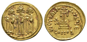 Heraclius (610-641). AV Solidus (20mm, 4.49g, 6h). Constantinople, 638/9-641. Heraclonas, Heraclius and Heraclius Constantine standing facing, each ho...