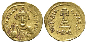 Constans II (641-668). AV Solidus (20mm, 4.43g, 6h). Constantinople, 641-646. Crowned bust facing, wearing chlamys, holding globus cruciger. R/ Cross ...
