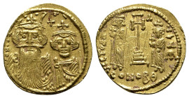 Constans II (641-668). AV Solidus (20mm, 4.44g, 6h). Constantinople, 654-659. Crowned busts of Constans and Constantine facing, both wearing chlamys; ...