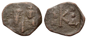 Constans II (641-668). Æ 20 Nummi (20mm, 1.70g). Syracuse, year 4 (660/1). Crowned facing busts of Constans II, holding globus cruciger, and Constanti...