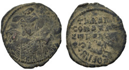 Basil I with Constantine and Leo VI (867-886). Æ 40 Nummi (28mm, 8.00g). Constantinople, 870-879. Crowned facing half-length figures of Basil, wearing...