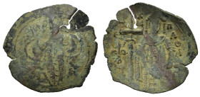 Michael VIII Palaeologus (1261-1282). Æ Trachy (28mm, 2.55g). Thessalonica. Large lis. R/ Michael standing facing, holding large, voided cross and aka...