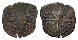 Andronicus II and Michael IX (1295-1320). Æ Trachy (22mm, 2.00g). Constantinople. Cross with saltire, with B B B B. R/ Andronicus and Michael standing...