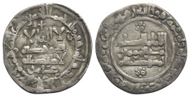 Umayyads of Spain. Al-Hakam II (AH 350-366 / AD 961-976) AR Dirham (23mm, 3.22g). Madinat al-Zahra, dated AH 360 = AD 971. Kalima in three lines, citi...