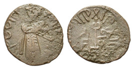 Arab-Byzantine, 'Abd al-Malik (AH 65-86 / 685-705). Æ Fals (18mm, 2.70g). Caliph standing facing, holding hilt of sword / Modified cross potent set on...