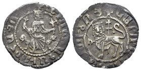 Cilician Armenia, Levon I (1198-1219). AR Tram (22mm, 2.56g, 12h). Levon seated facing on throne decorated with lions, holding globus cruciger and lis...