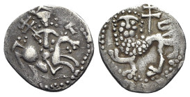 Cilician Armenia, Levon II (1270-1289). AR Half Tram (15mm, 1.41g, 9h). Levon r. on horseback. R/ Crowned lion advancing l., head facing; patriarchal ...