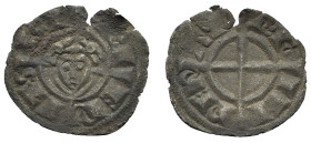 Italy, Brindisi. Federico II (1198-1250). BI Denaro 1239 (16mm, 0.52g). Cross pattée. R/ Crowned bust facing set on cross pattée. Spahr 121; MIR 282. ...