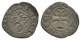 Italy, Napoli. Carlo II d’Angiò (1285-1309). BI Denaro Gherardino (15mm, 0.47g). Four fleur-de-lis. R/ Cross. P.R.5. Near VF